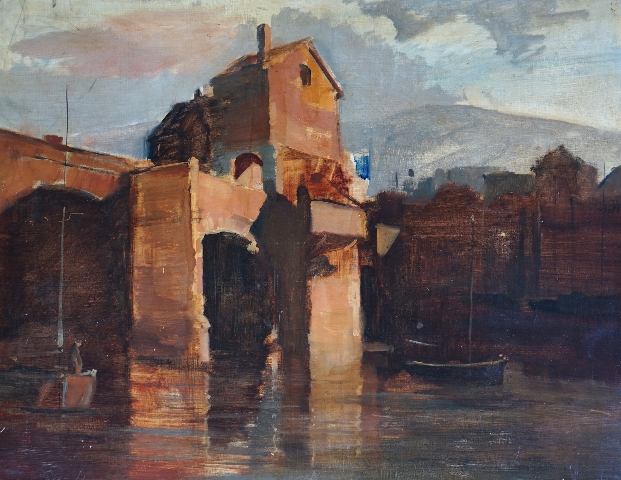 Attributed to Thérèse Lessore (1884-1945), French town viewed from the river, oil on panel, 45 x 58cm